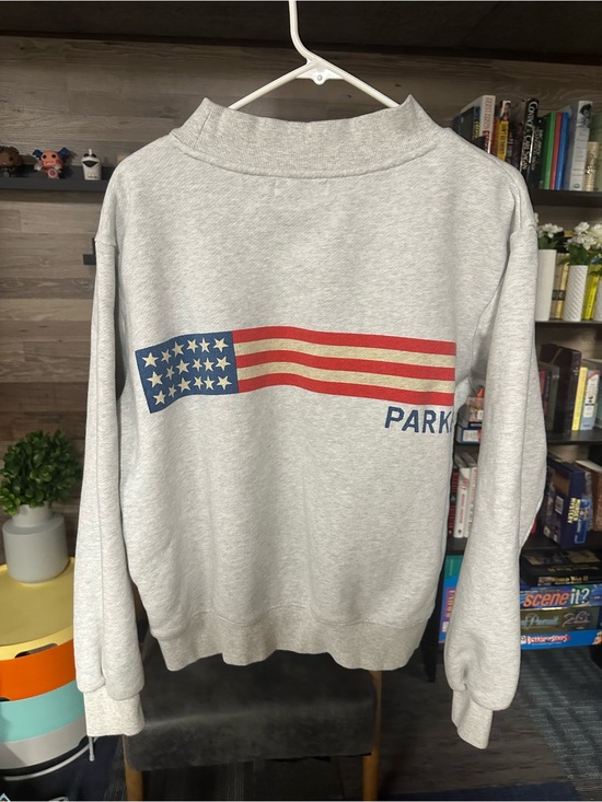 Parke Tops - PARKE Flag Graphic Mockneck Sweatshirt Heather Grey Oversized Mens Womens Size S